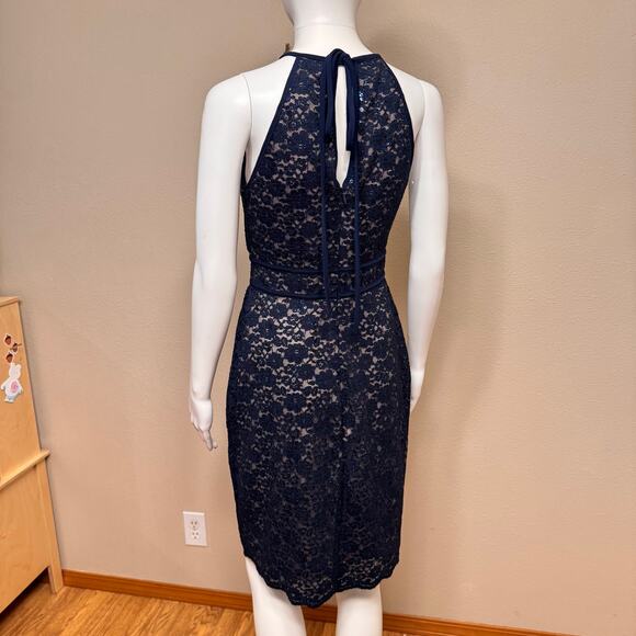 Nightway Navy Blue Lace Cocktail Dress Size 8 Sleeveless Sequin Halter Bodycon - Picture 6 of 13